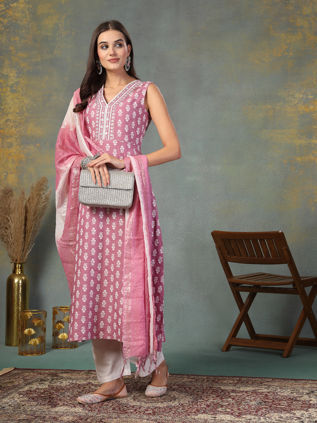 Mauve Printed &amp; Embroidered Rayon A-Line Kurta Dupatta Set