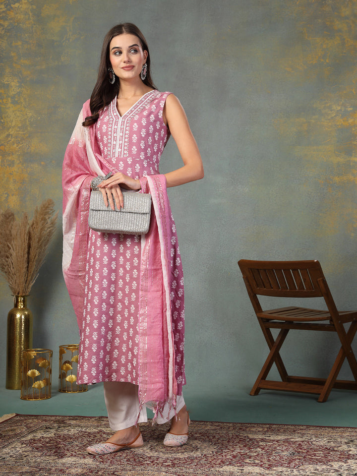 Mauve Printed &amp; Embroidered Rayon A-Line Kurta Dupatta Set