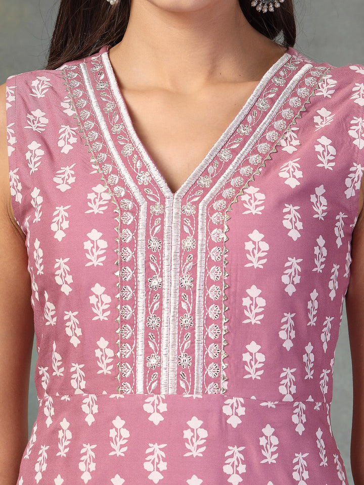 Mauve Printed &amp; Embroidered Rayon A-Line Kurta Dupatta Set