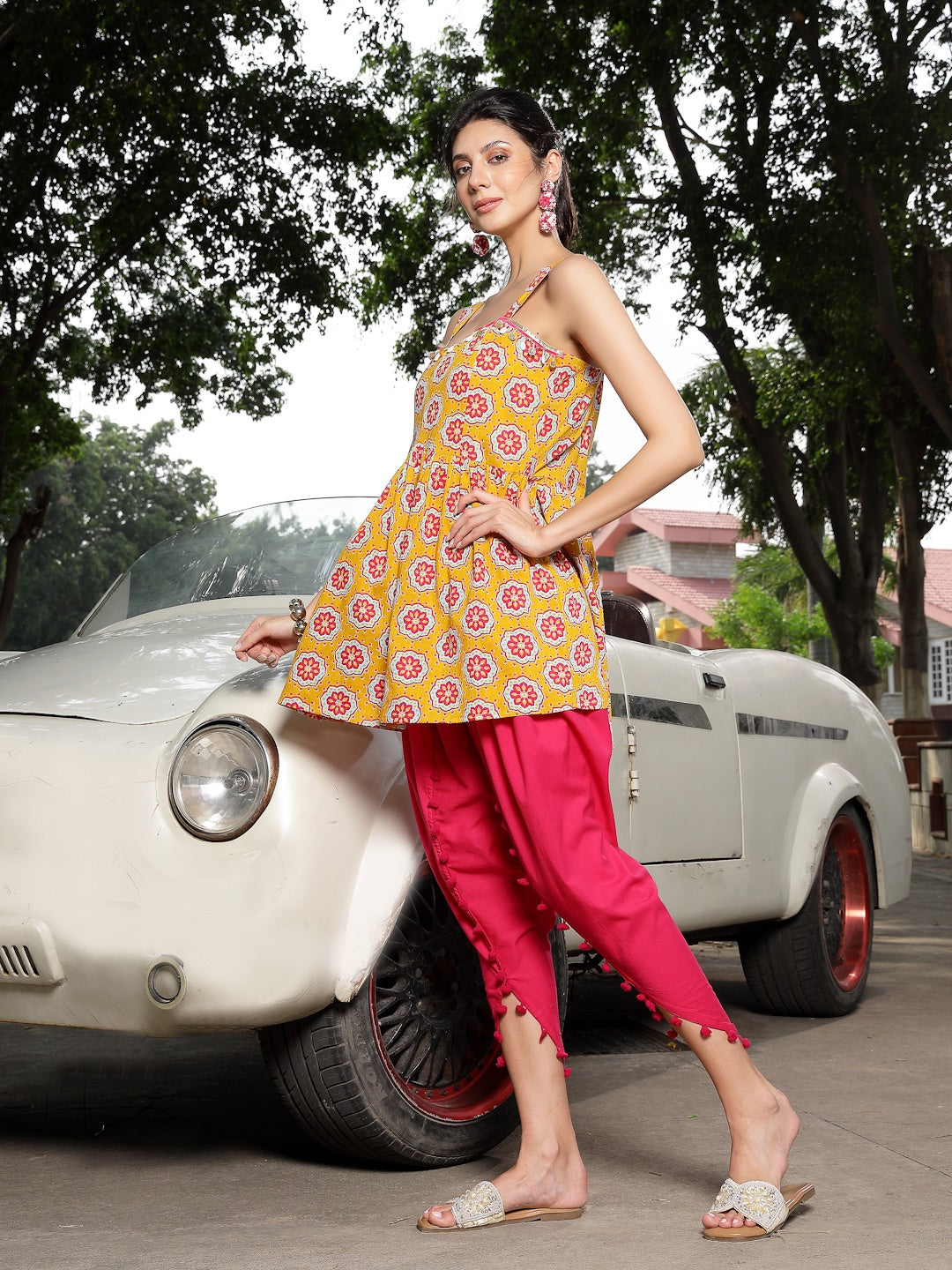 Mustard Ajrakh Printed Cotton A-Line Kurti Dhoti Pant Set