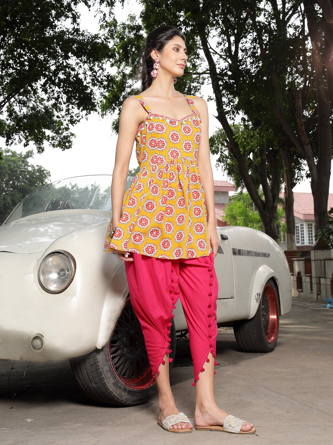 Mustard Ajrakh Printed Cotton A-Line Kurti Dhoti Pant Set