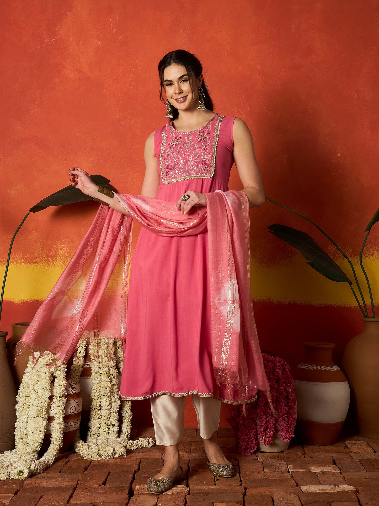 Solid & Embroidered Rayon A-Line Kurta With Dupatta