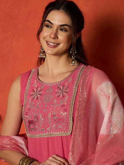 Solid & Embroidered Rayon A-Line Kurta With Dupatta