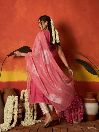 Solid & Embroidered Rayon A-Line Kurta With Dupatta