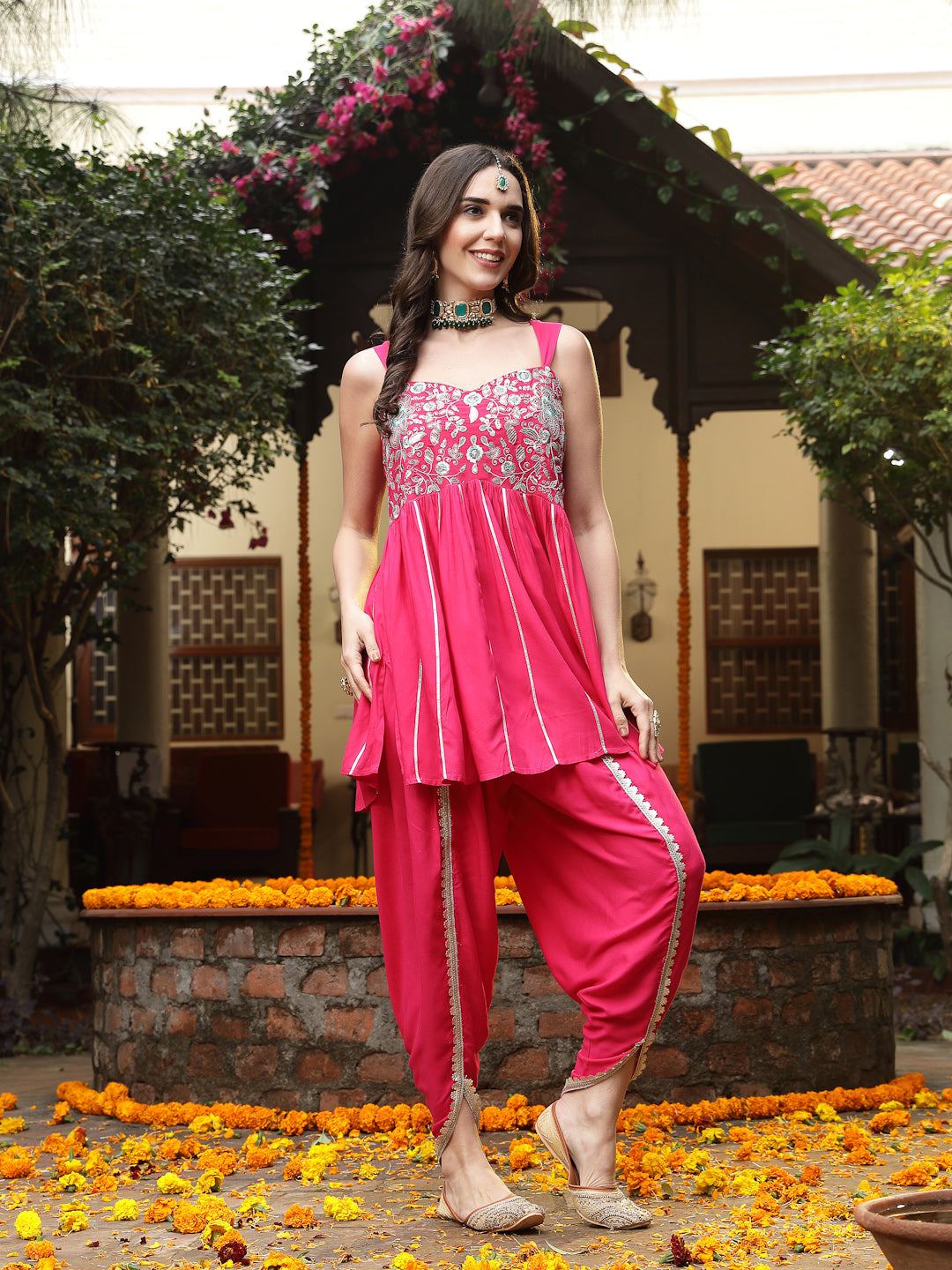Pink Solid &amp; Embroidered Rayon A-Line Kurti Dhoti Pant Set