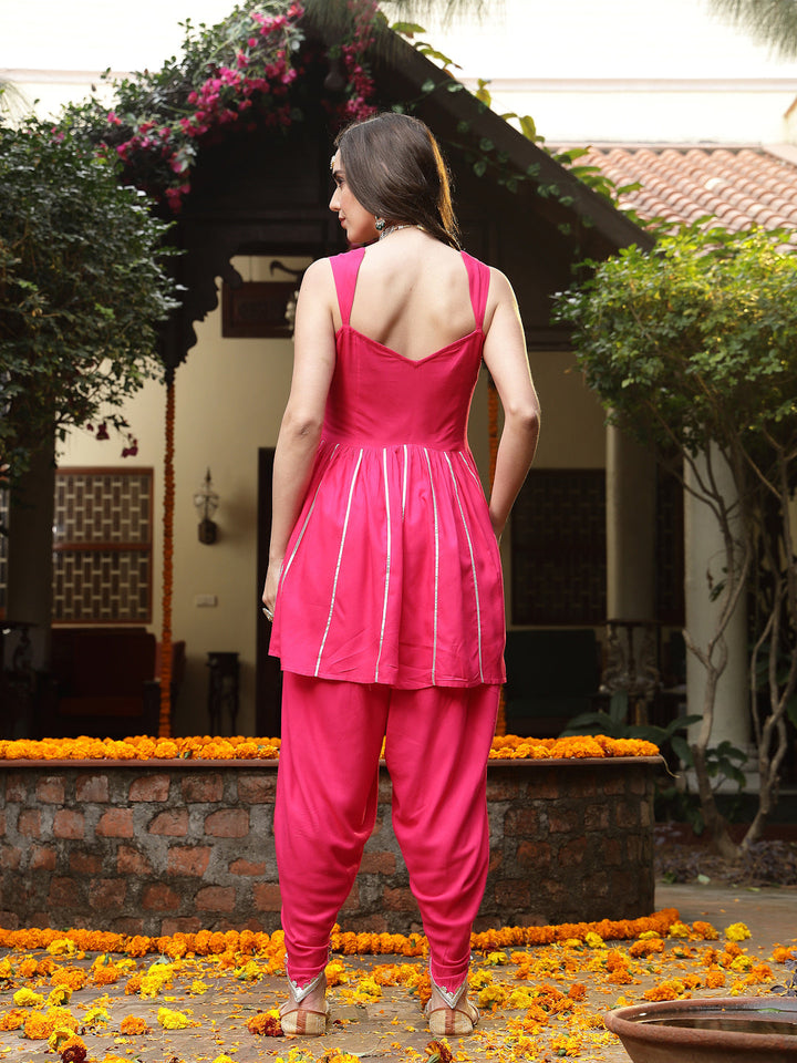 Pink Solid &amp; Embroidered Rayon A-Line Kurti Dhoti Pant Set