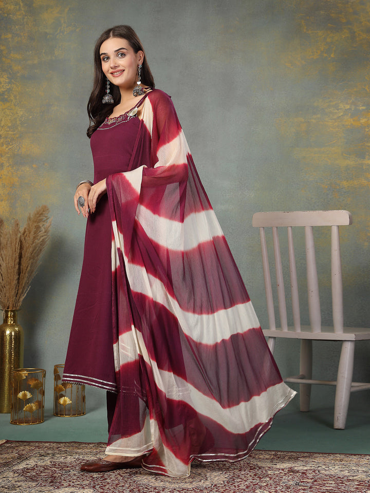 Purple Solid &amp; Embroidered Poly Crepe A-Line Kurta Dupatta Set