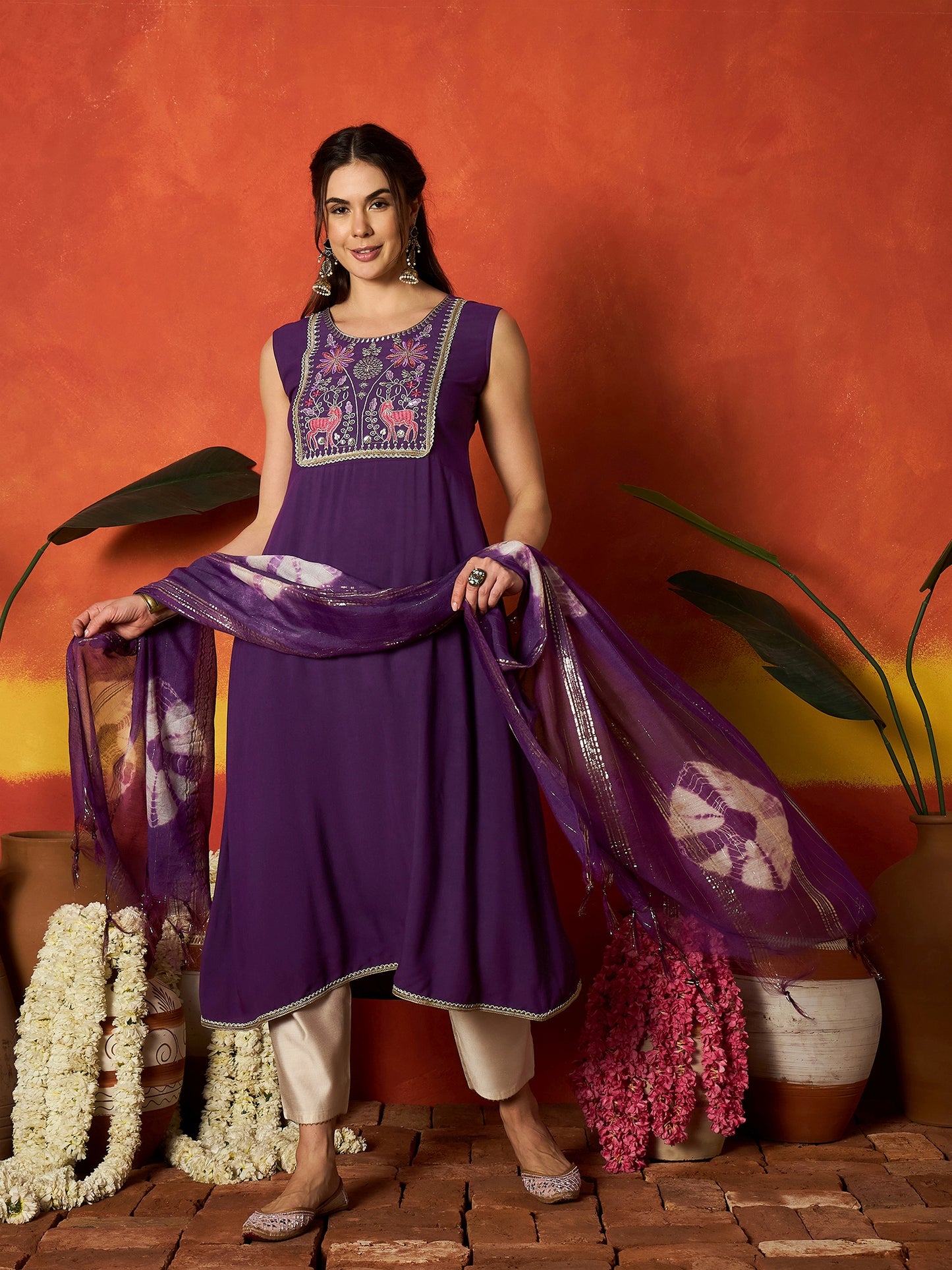 Solid & Embroidered Rayon A-Line Kurta With Dupatta