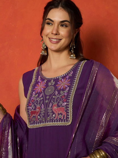 Solid & Embroidered Rayon A-Line Kurta With Dupatta