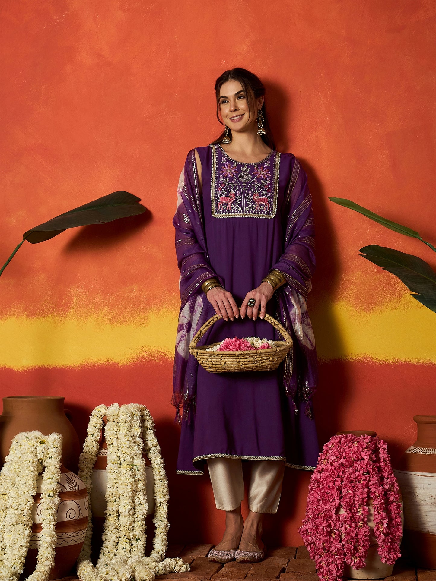 Solid & Embroidered Rayon A-Line Kurta With Dupatta