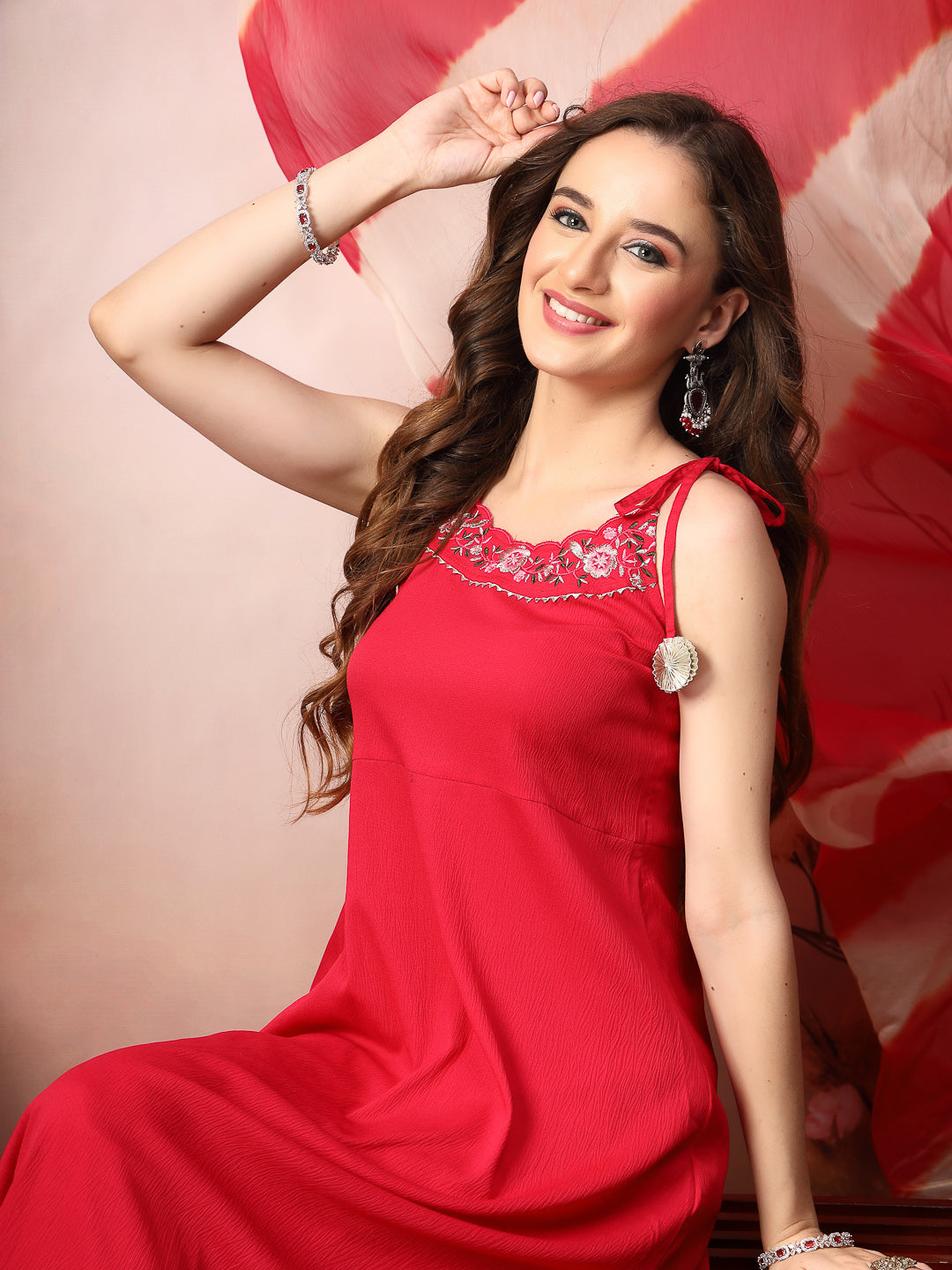 Pink Solid &amp; Embroidered Poly Crepe A-Line Kurta Dupatta Set