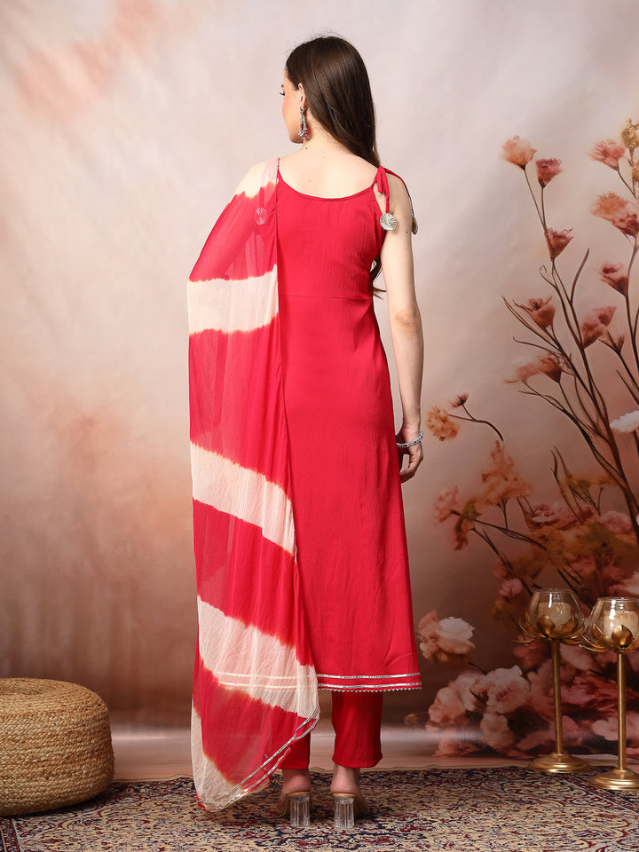 Pink Solid &amp; Embroidered Poly Crepe A-Line Kurta Dupatta Set