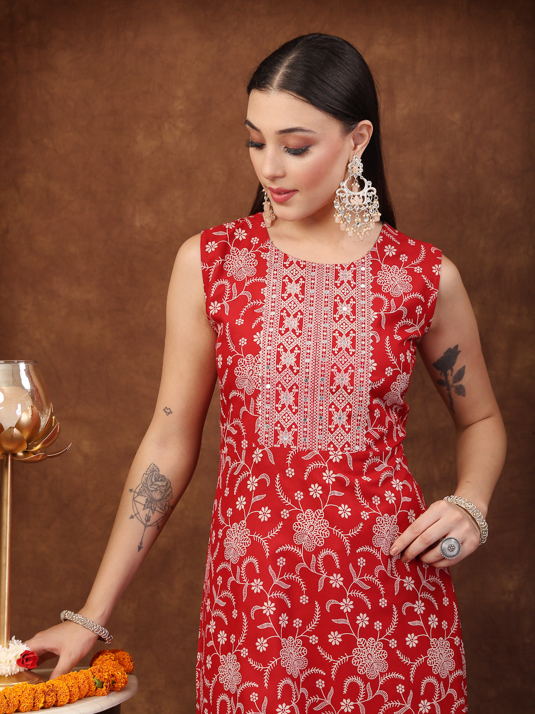 Red Printed &amp; Embroidered Rayon A-Line Kurta Dupatta Set