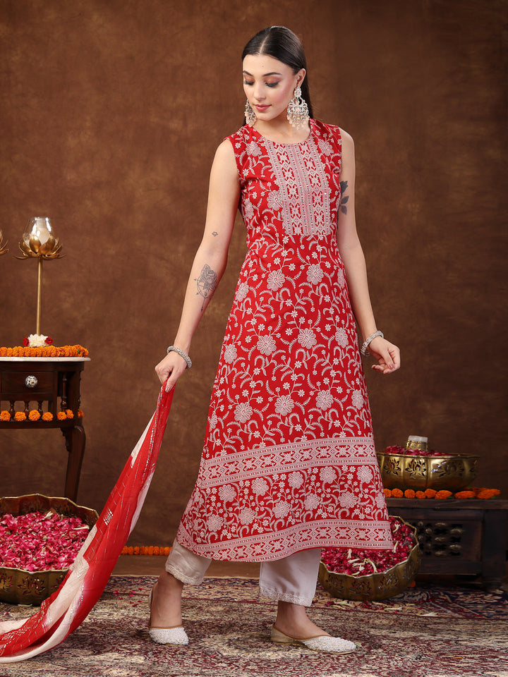 Red Printed &amp; Embroidered Rayon A-Line Kurta Dupatta Set