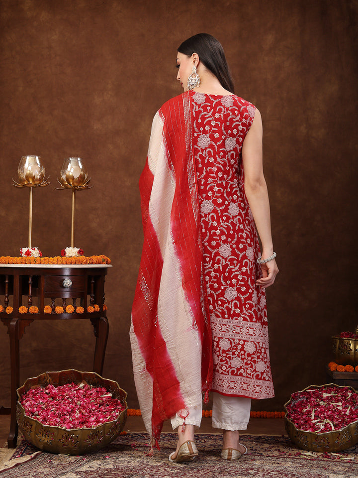 Red Printed &amp; Embroidered Rayon A-Line Kurta Dupatta Set