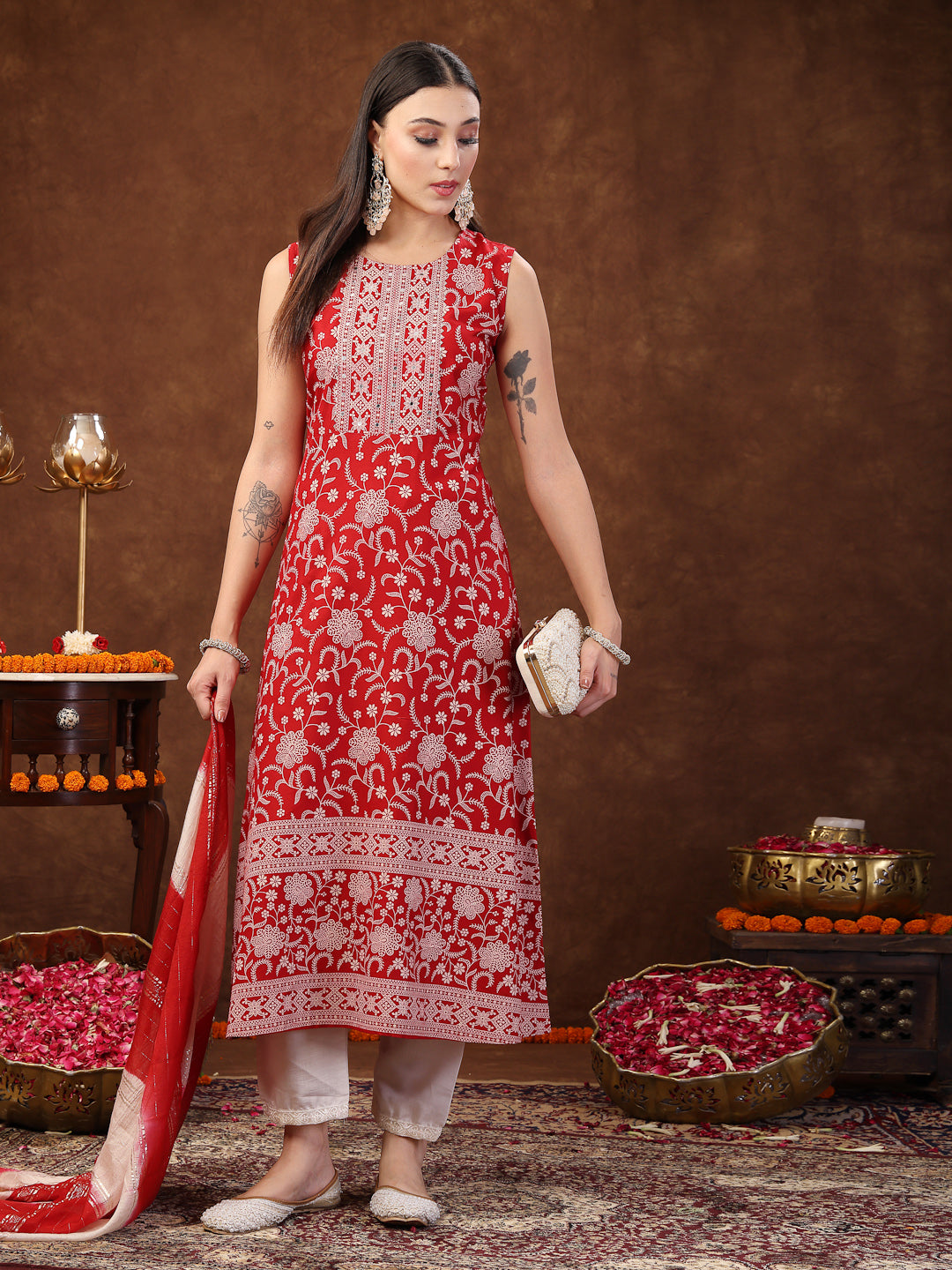 Red Printed &amp; Embroidered Rayon A-Line Kurta Dupatta Set