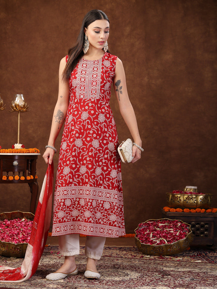 Red Printed &amp; Embroidered Rayon A-Line Kurta Dupatta Set