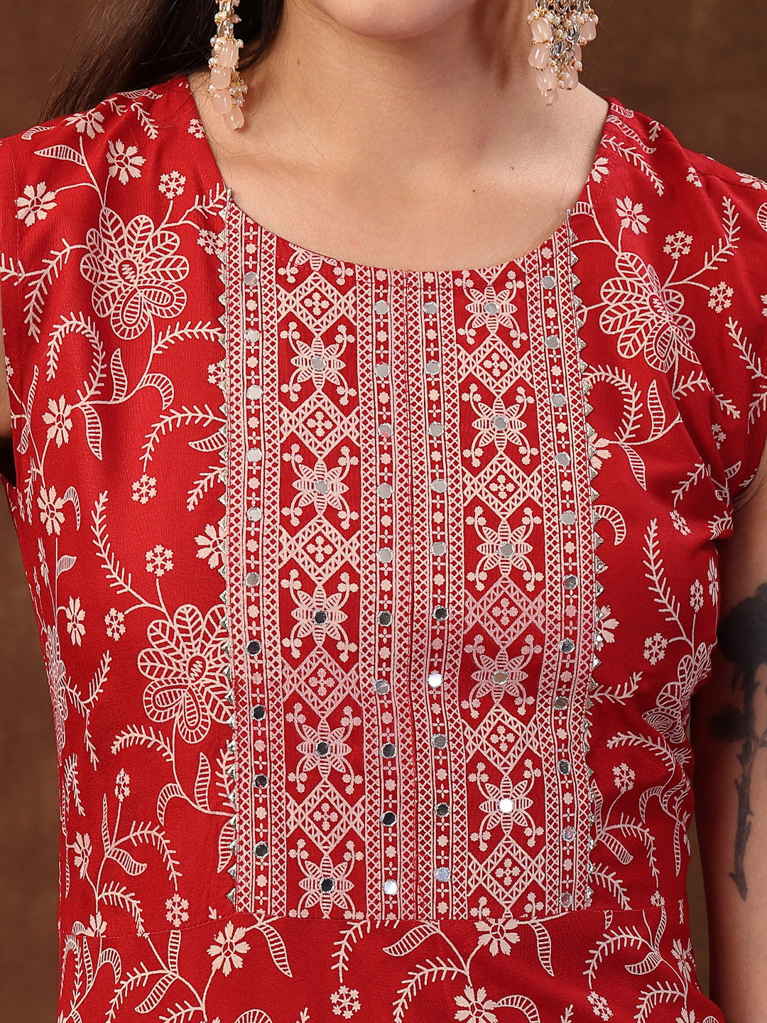 Red Printed &amp; Embroidered Rayon A-Line Kurta Dupatta Set