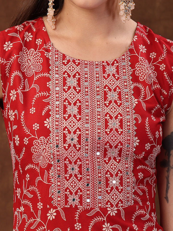 Red Printed &amp; Embroidered Rayon A-Line Kurta Dupatta Set