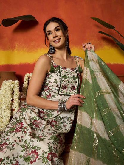 Floral Printed & Embroidered A-Line Rayon Kurta With Dupatta