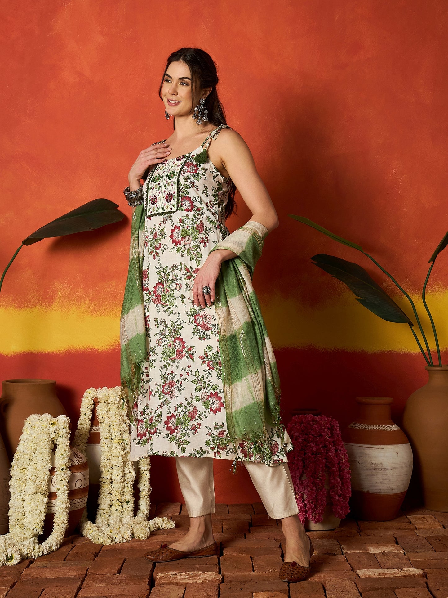 Floral Printed & Embroidered A-Line Rayon Kurta With Dupatta