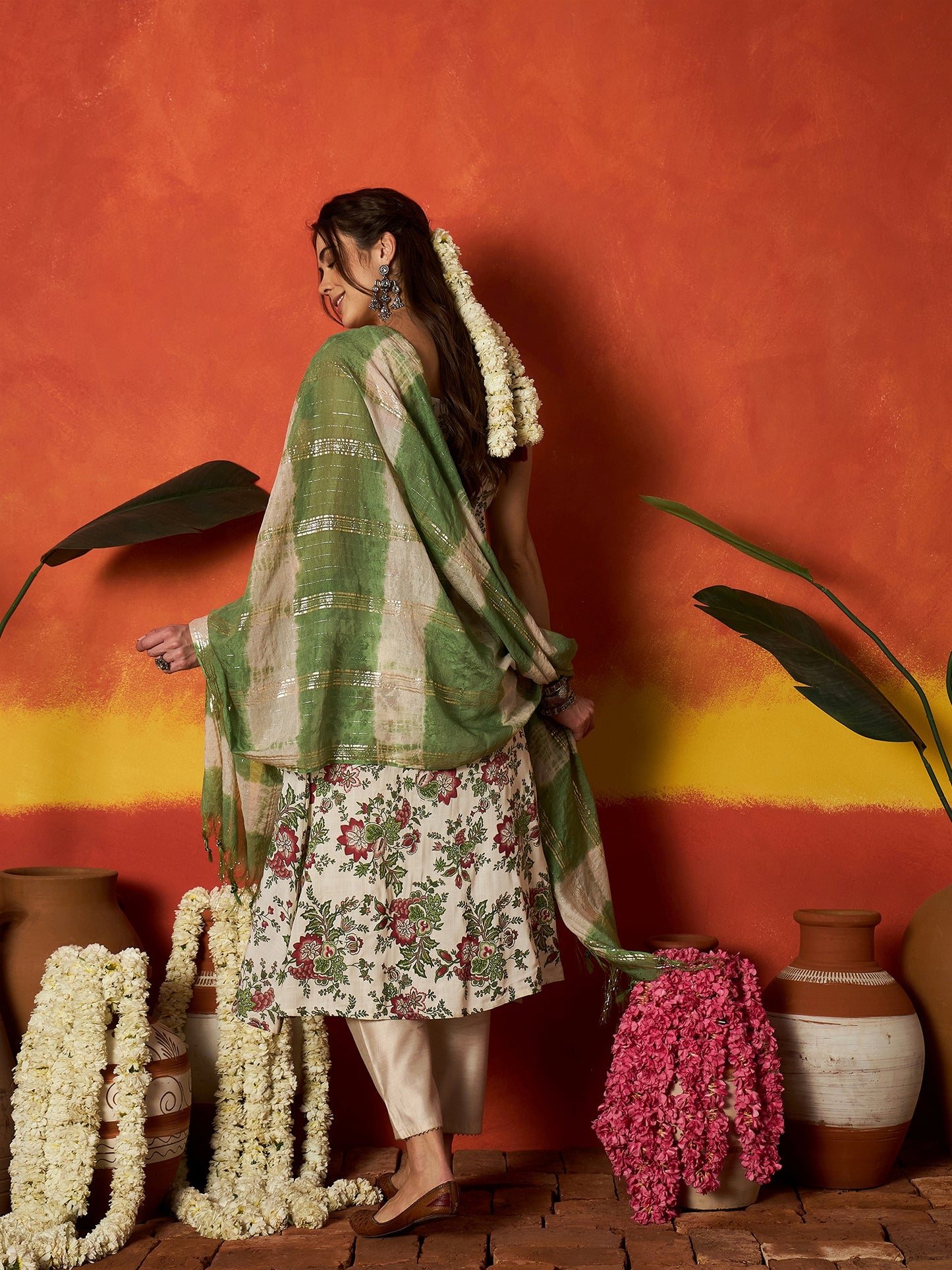 Floral Printed & Embroidered A-Line Rayon Kurta With Dupatta