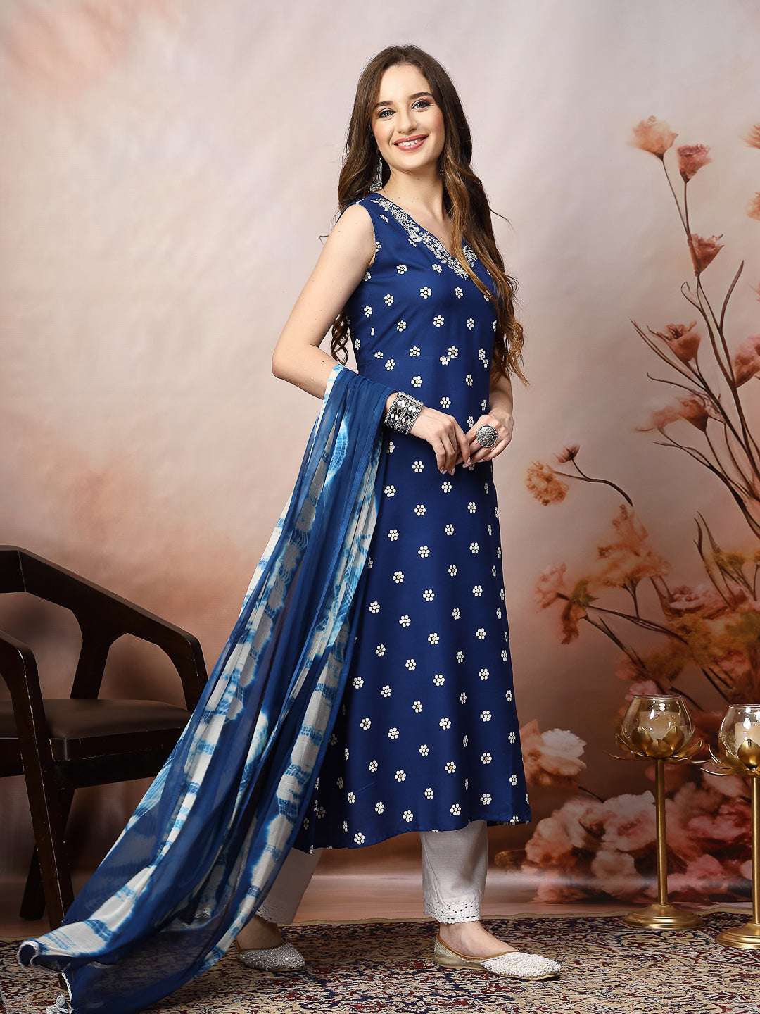 Blue Floral Printed &amp; Embroidered Rayon A-Line Kurta Dupatta Set