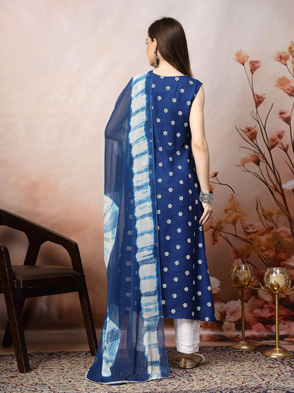 Blue Floral Printed & Embroidered Rayon A-Line Kurta Dupatta Set