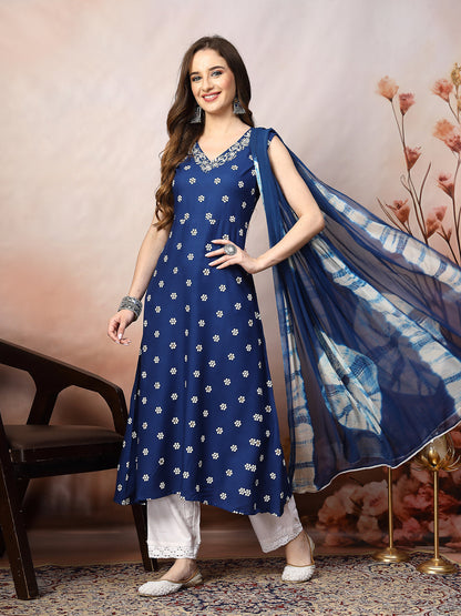 Blue Floral Printed & Embroidered Rayon A-Line Kurta Dupatta Set