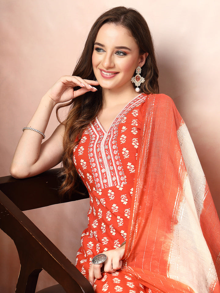 Rust Printed &amp; Embroidered Rayon A-Line Kurta Dupatta Set