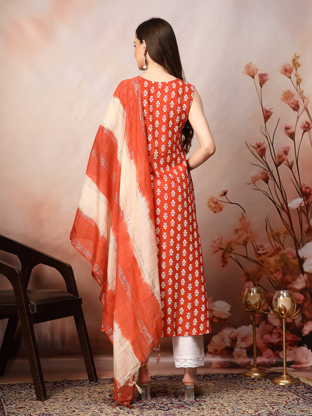 Rust Printed &amp; Embroidered Rayon A-Line Kurta Dupatta Set