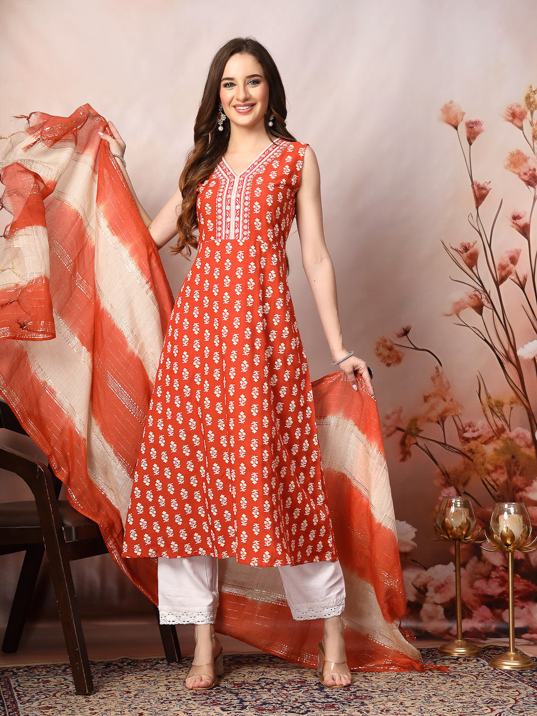 Rust Printed &amp; Embroidered Rayon A-Line Kurta Dupatta Set