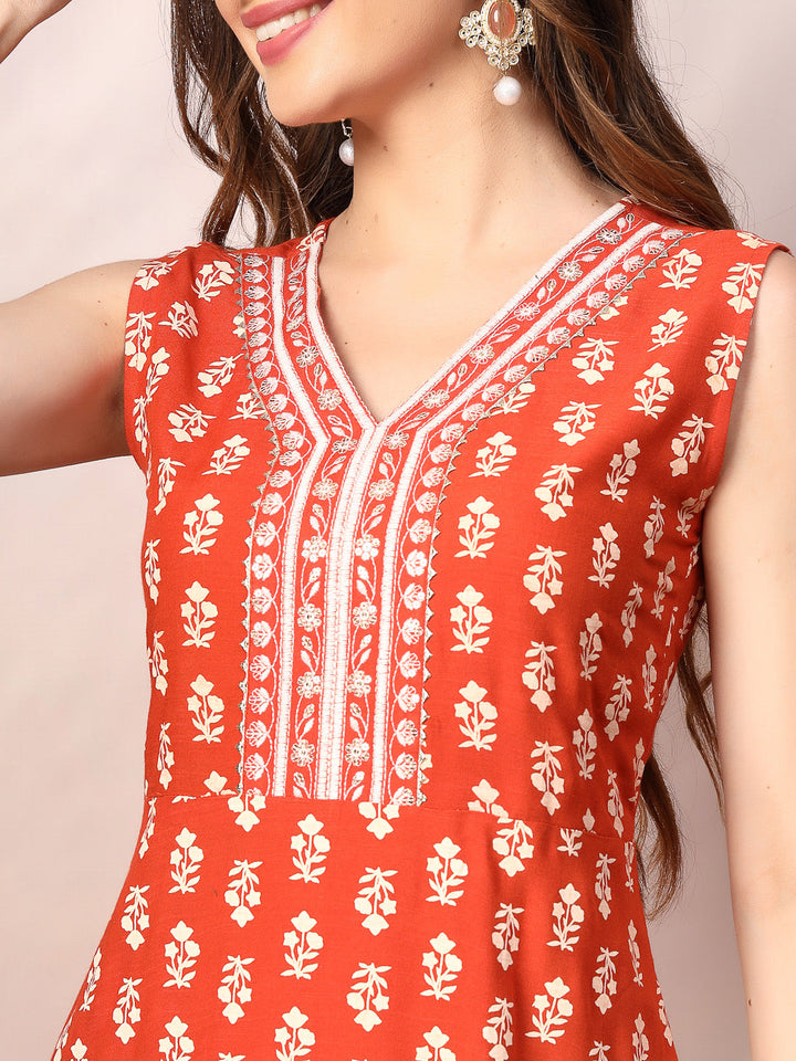 Rust Printed &amp; Embroidered Rayon A-Line Kurta Dupatta Set