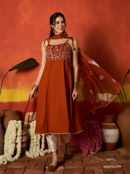 Solid & Embroidered Rayon A-Line Kurta With Dupatta