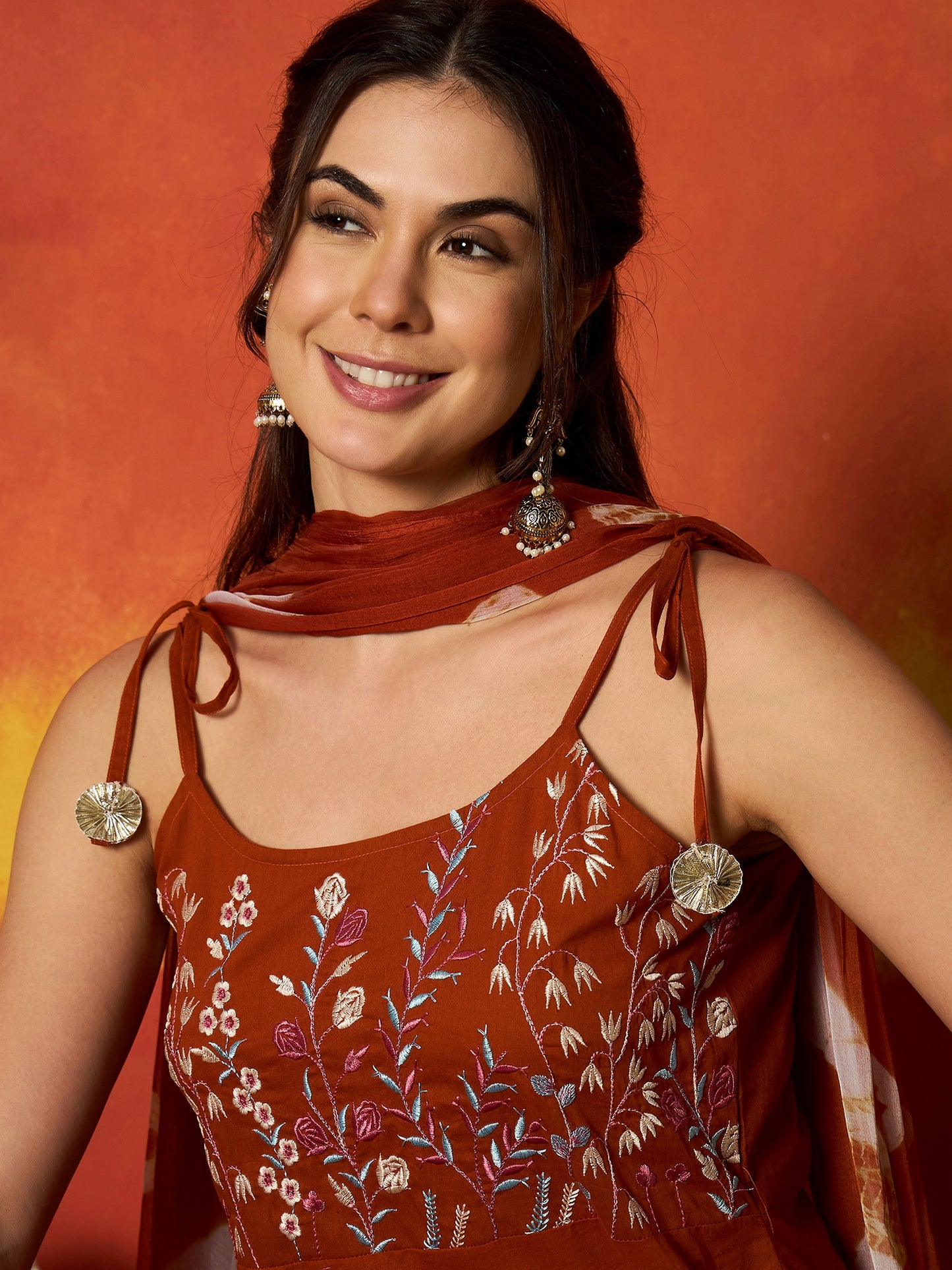 Solid & Embroidered Rayon A-Line Kurta With Dupatta