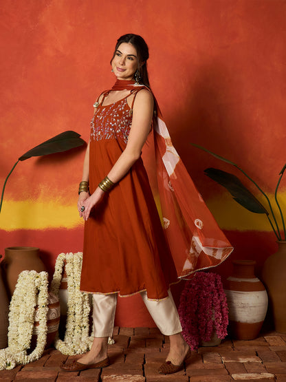 Solid & Embroidered Rayon A-Line Kurta With Dupatta