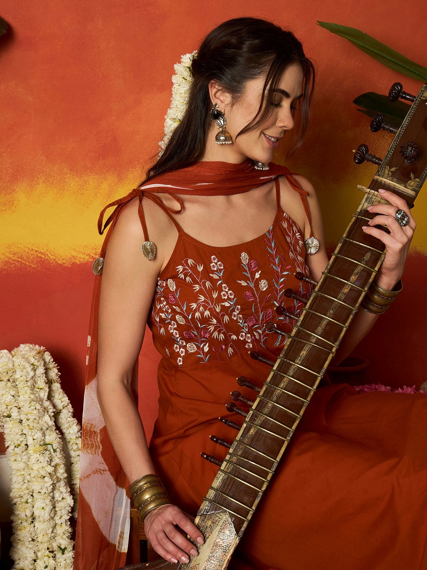 Solid & Embroidered Rayon A-Line Kurta With Dupatta