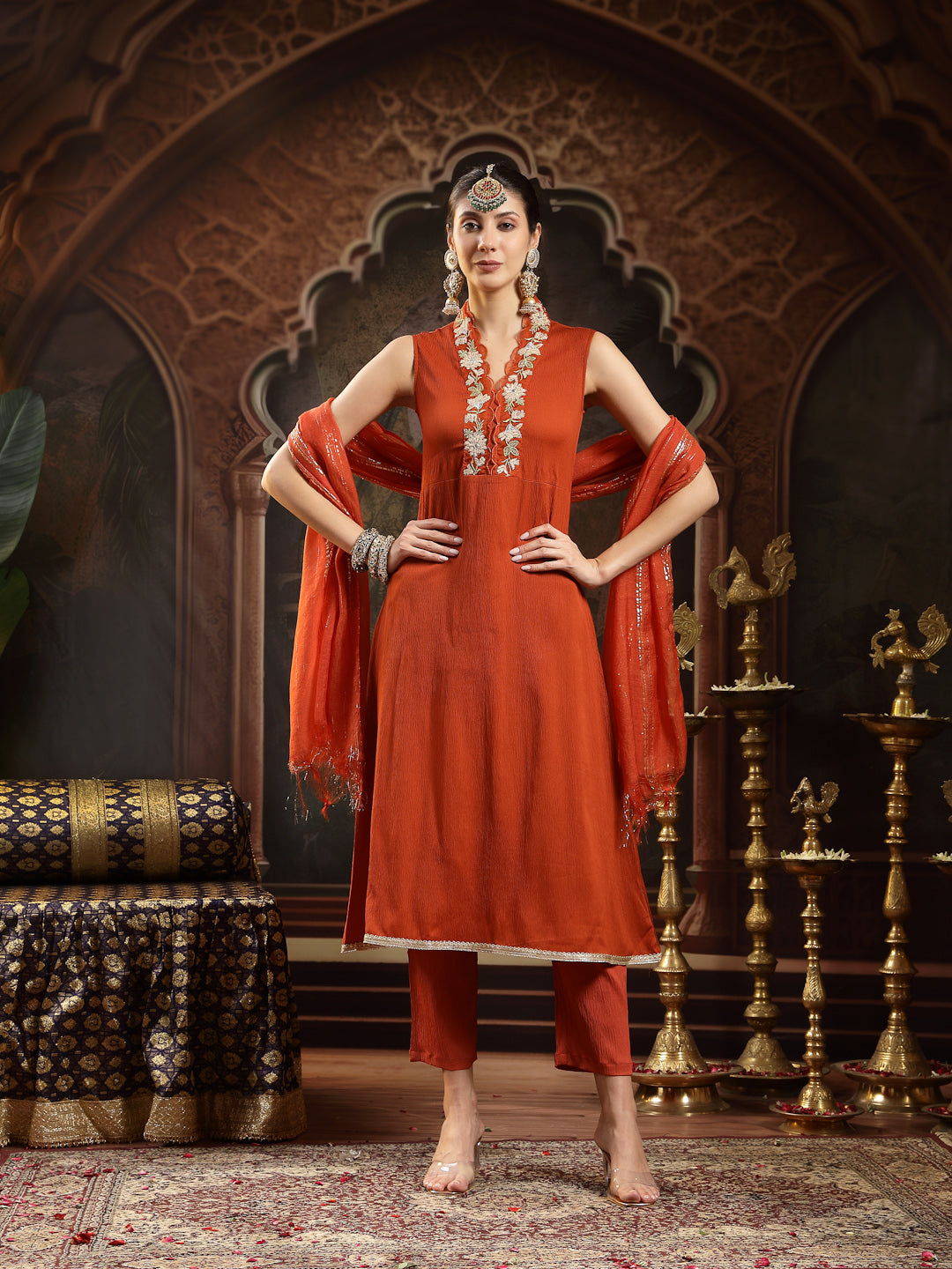 Rust Solid & Embroidered Crepe A-Line Kurta With Dupatta