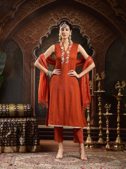 Rust Solid & Embroidered Crepe A-Line Kurta With Dupatta
