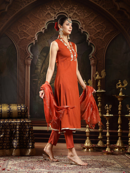 Rust Solid & Embroidered Crepe A-Line Kurta With Dupatta
