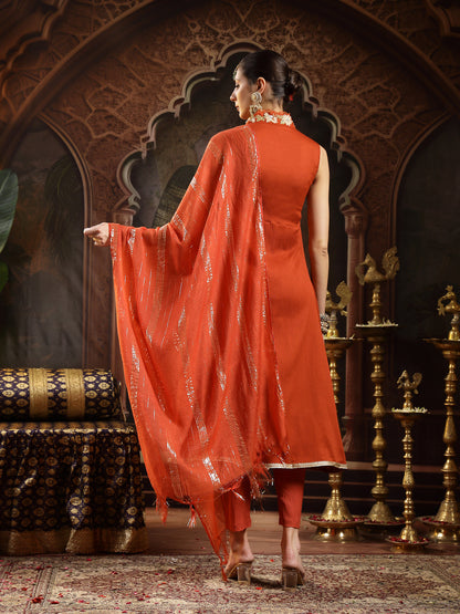 Rust Solid & Embroidered Crepe A-Line Kurta With Dupatta