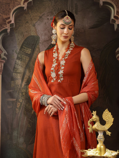 Rust Solid & Embroidered Crepe A-Line Kurta With Dupatta