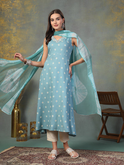 Sky Blue Floral Printed & Embroidered Rayon A-Line Kurta Dupatta Set (Pre-Order)