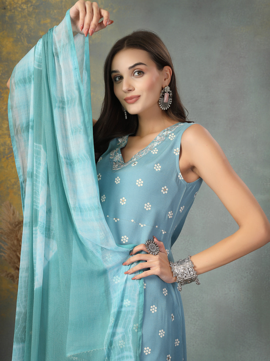 Sky Blue Floral Printed & Embroidered Rayon A-Line Kurta Dupatta Set