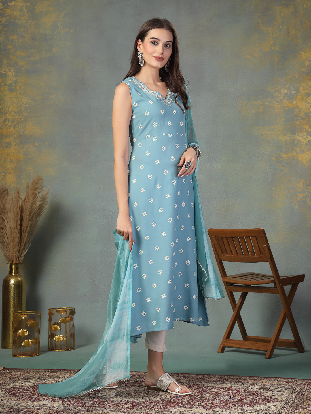 Sky Blue Floral Printed & Embroidered Rayon A-Line Kurta Dupatta Set