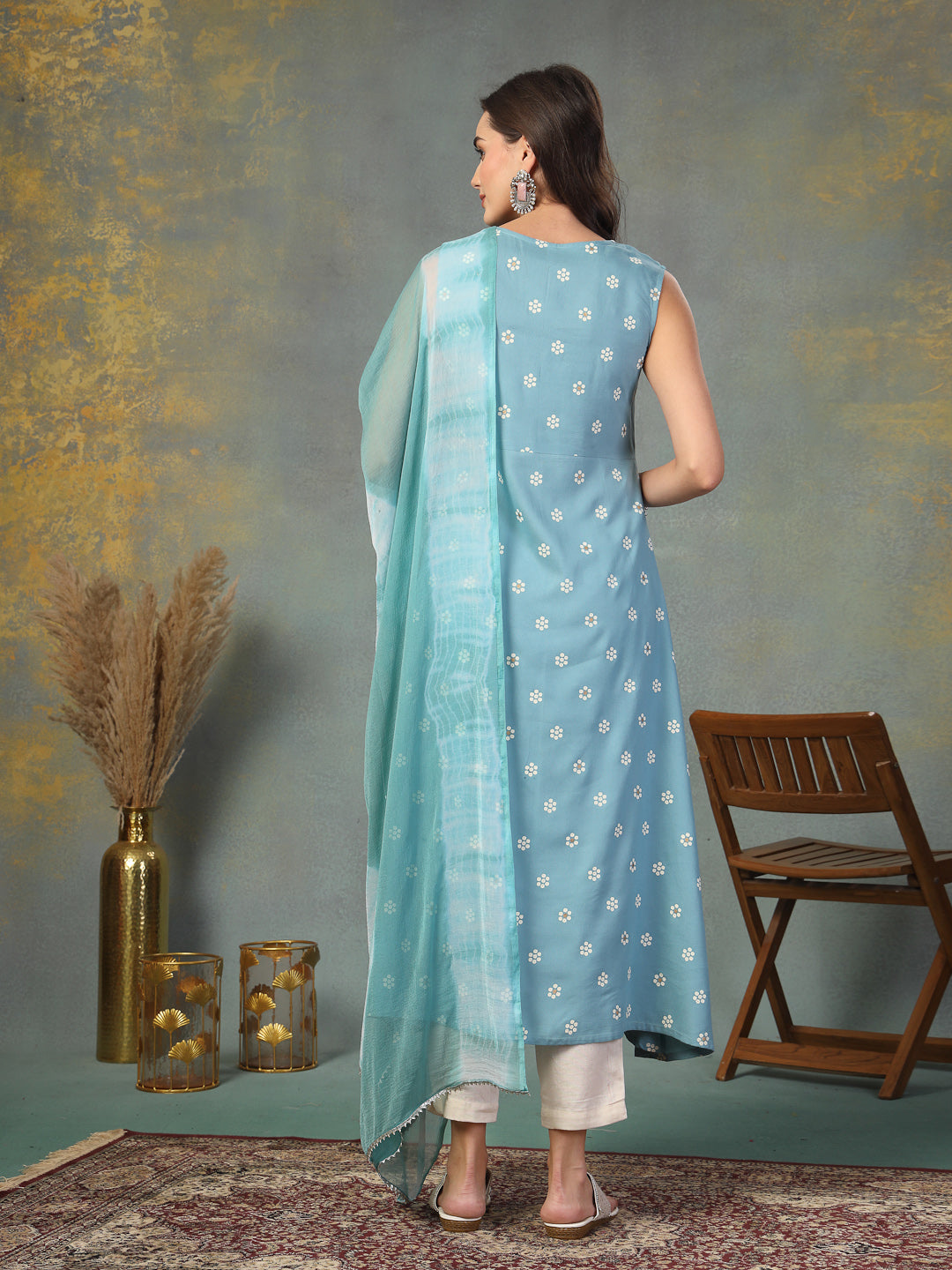 Sky Blue Floral Printed & Embroidered Rayon A-Line Kurta Dupatta Set
