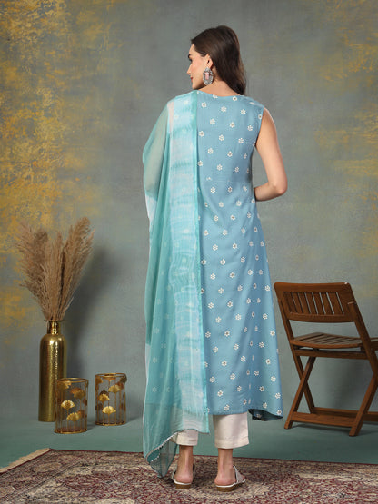 Sky Blue Floral Printed & Embroidered Rayon A-Line Kurta Dupatta Set