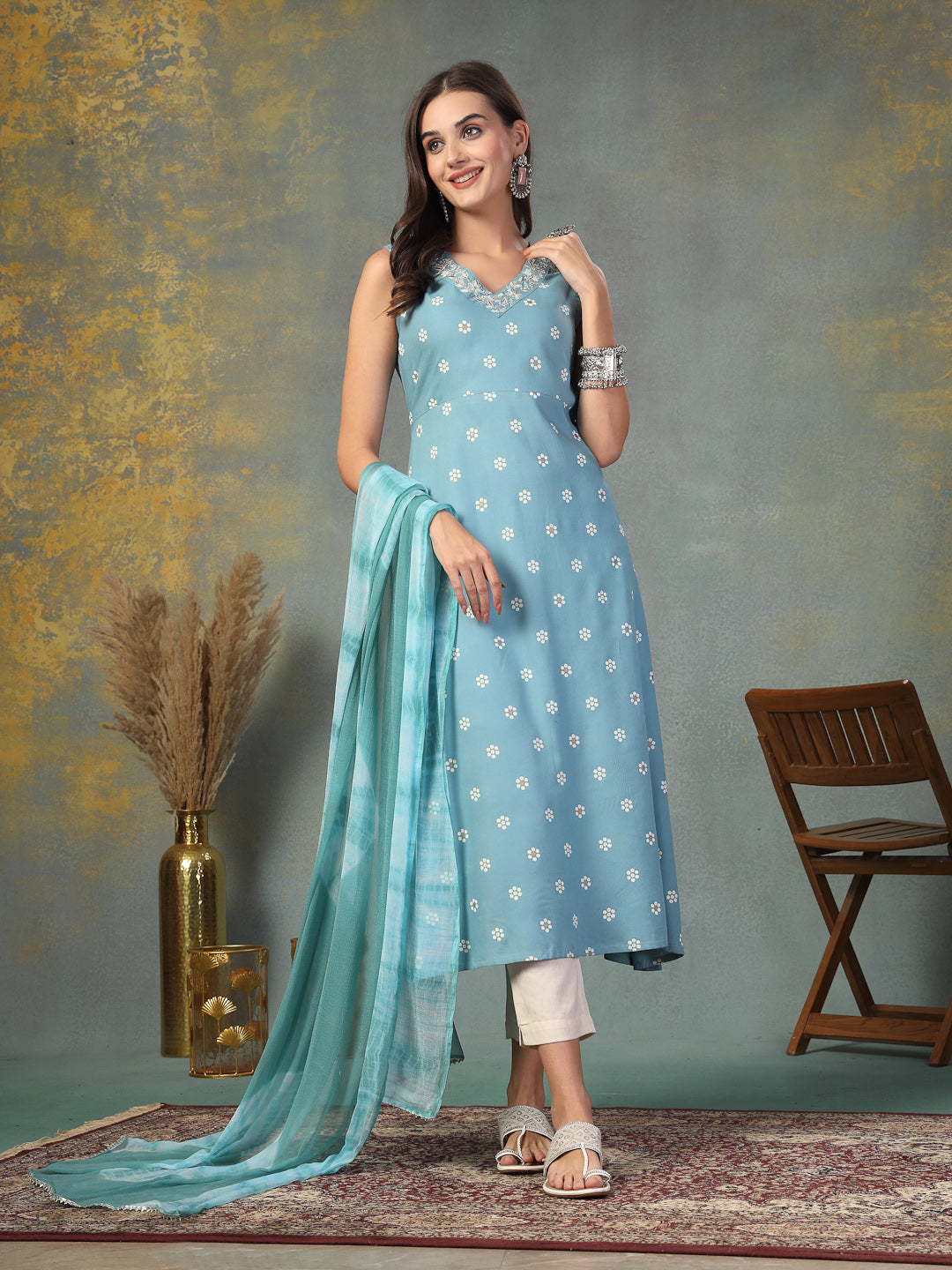 Sky Blue Floral Printed & Embroidered Rayon A-Line Kurta Dupatta Set
