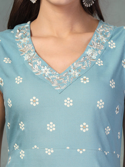Sky Blue Floral Printed & Embroidered Rayon A-Line Kurta Dupatta Set