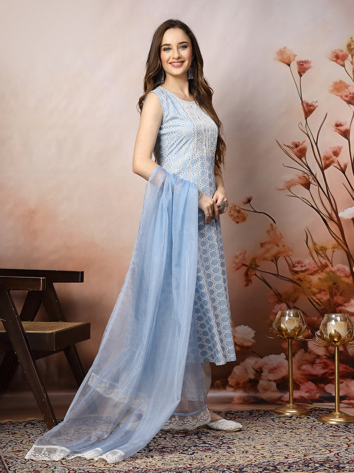 Powder Blue Printed &amp; Embroidered Rayon A-Line Kurta Dupatta Set